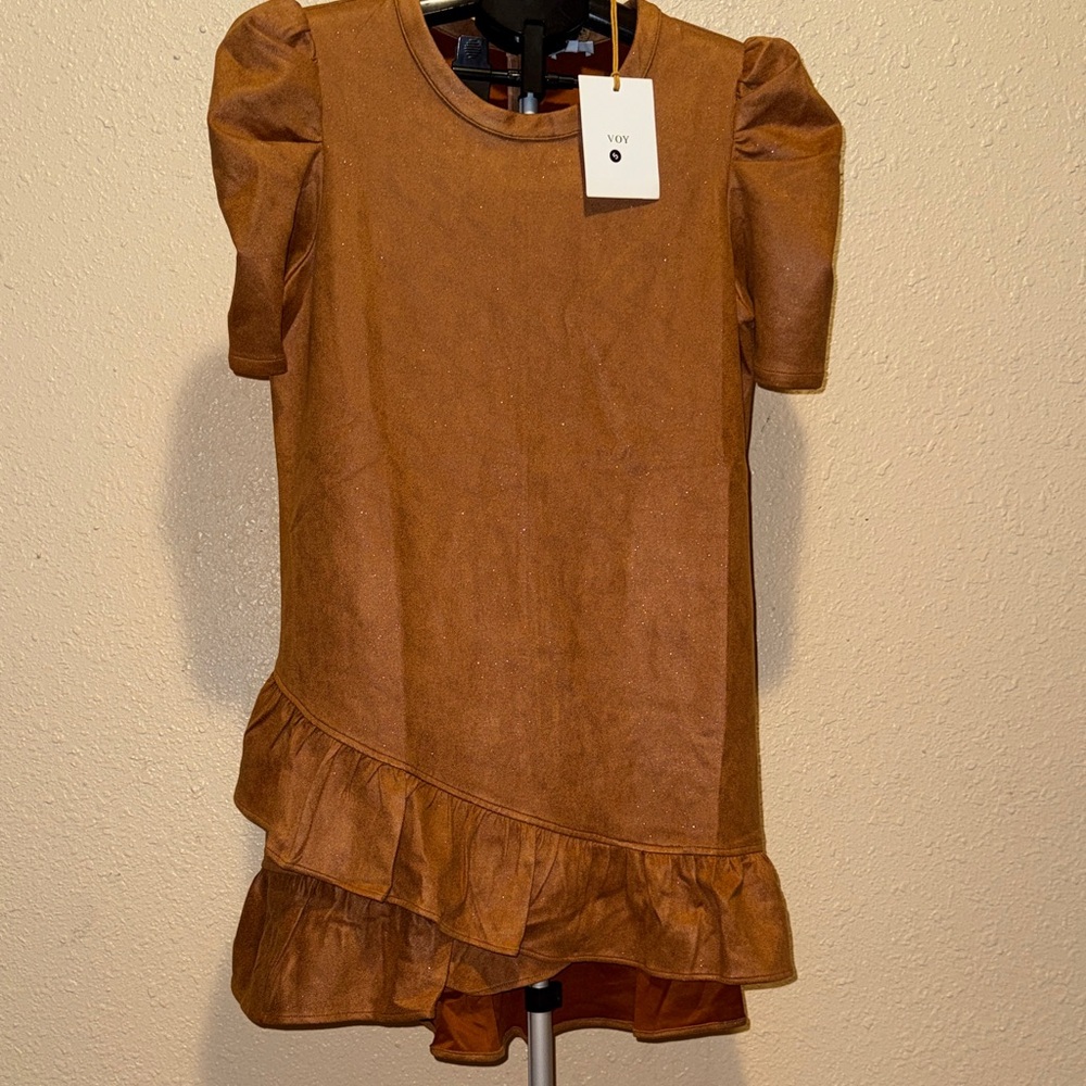 VOY sparkle camel ruffle ASYMETRICAL hem suede mini puff sleeve dress LARGE - Picture 3 of 11